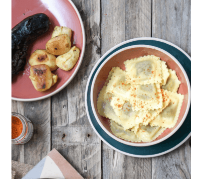 Raviole Boudin Noir, Pomme Golden, Piment d'Espelette